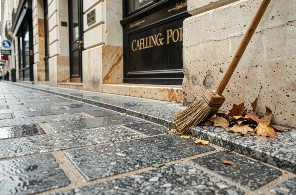 Détail d'un trottoir parisien balayé en granit gris avec balai appuyé contre une façade en pierre calcaire