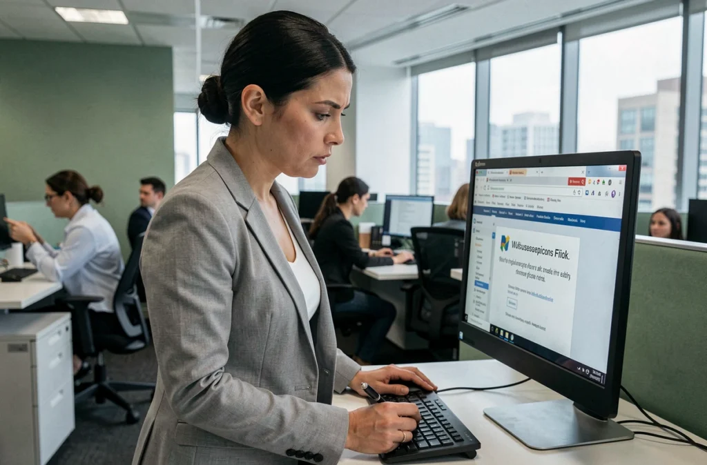 Femme en blazer gris analysant un avertissement de phishing sur un écran d'ordinateur dans un open space professionnel