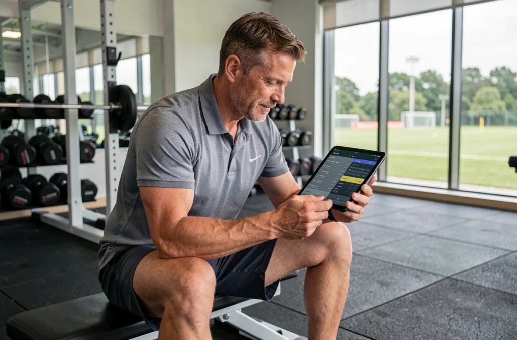 Entraîneur sportif en salle de sport consultant des statistiques sur une tablette numérique