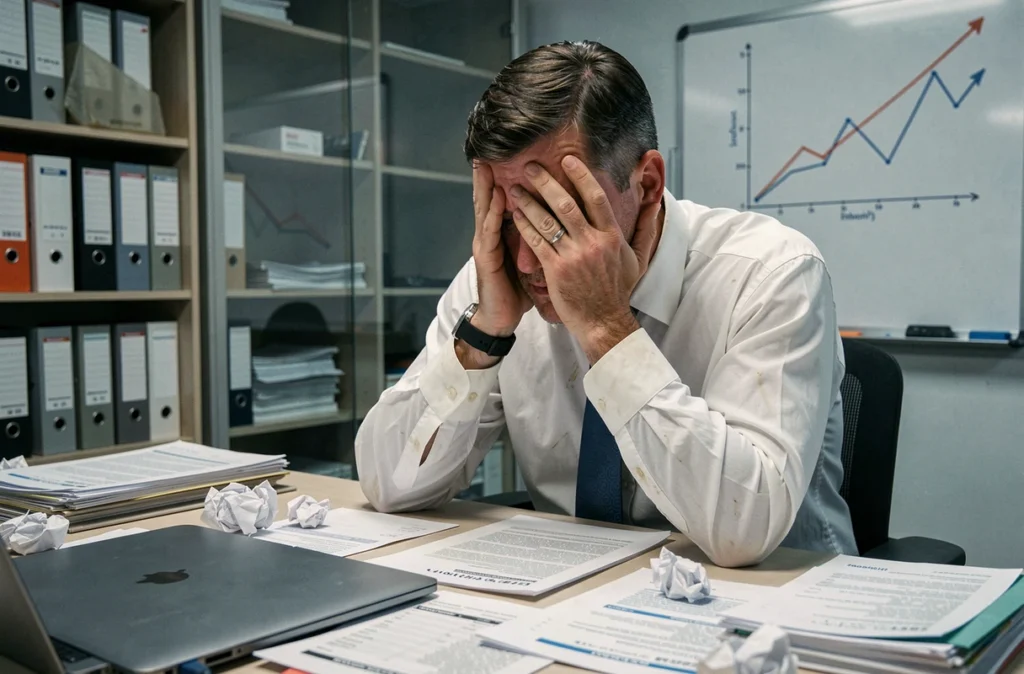 Entrepreneur épuisé assis à son bureau encombré de factures et de rapports financiers, illustrant les difficultés pouvant mener à la disparition d'une entreprise