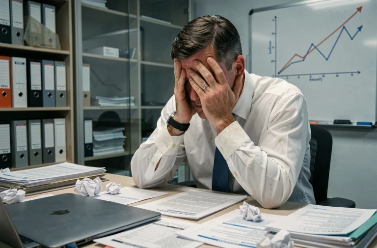 Entrepreneur épuisé assis à son bureau encombré de factures et de rapports financiers, illustrant les difficultés pouvant mener à la disparition d'une entreprise