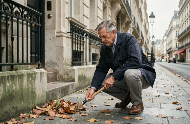Riverain parisien en train de balayer le trottoir devant un immeuble haussmannien à Paris en automne