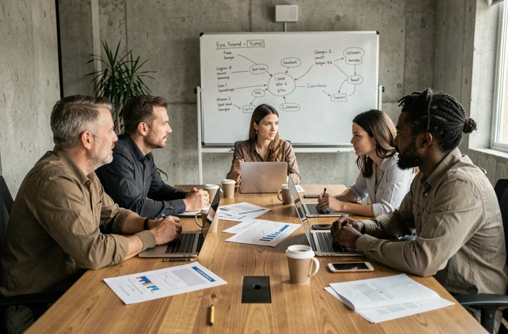 Équipe de professionnels analysant les dernières tendances du secteur business lors d'une réunion stratégique
