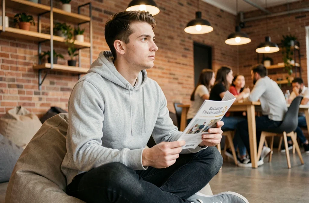 Jeune étudiant réfléchissant à son orientation en bachelor dans un espace de travail collaboratif moderne