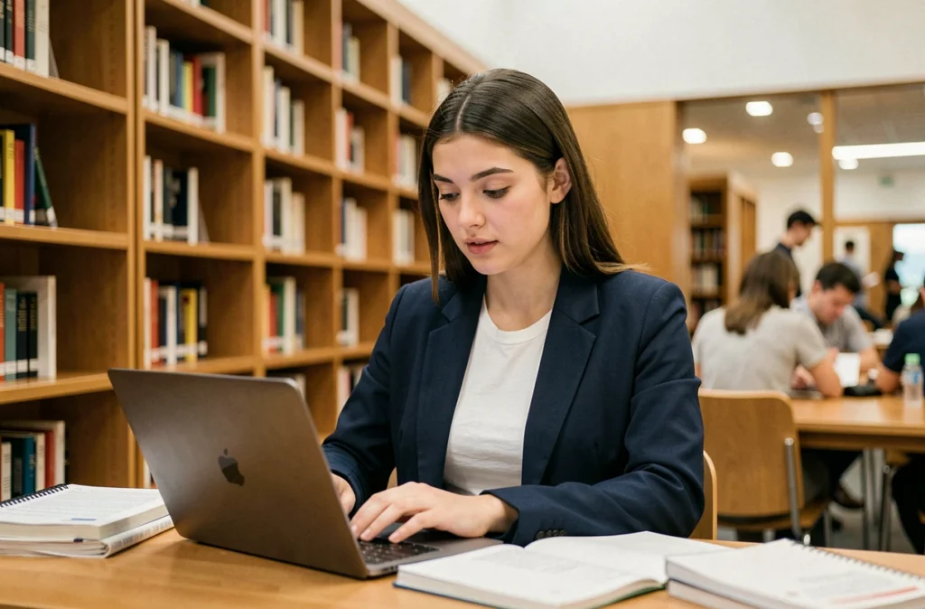 Étudiante en bachelor travaillant dans une bibliothèque universitaire moderne avec un ordinateur portable et des cahiers ouverts
