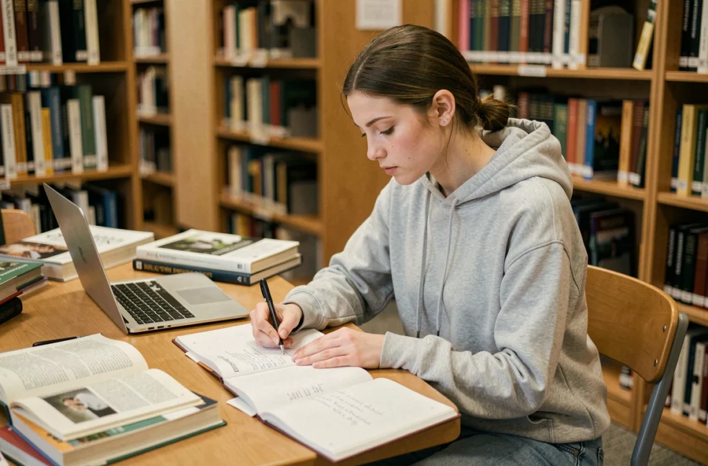 Étudiante concentrée dans une bibliothèque universitaire entourée de livres et d'un ordinateur portable