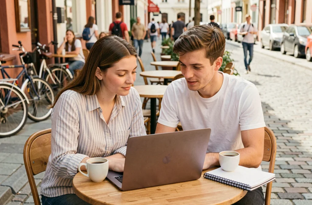 Deux étudiants collaborant sur un ordinateur portable en terrasse de café dans un quartier universitaire