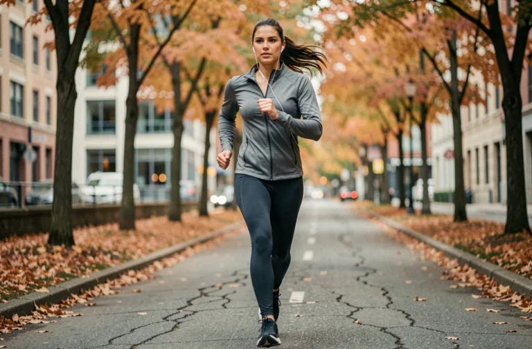 Femme en tenue de sport faisant une course à pied sur un chemin urbain entouré d'arbres d'automne