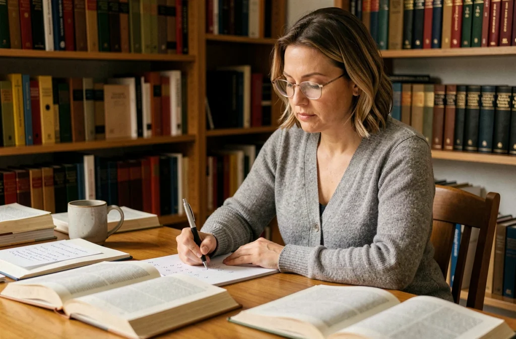 Femme étudiant la grammaire française avec des livres de conjugaison ouverts sur un bureau en bois