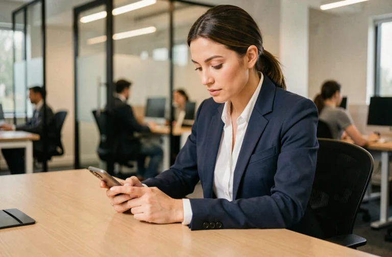 Professionnelle envoyant un SMS de relance client depuis son bureau en open space