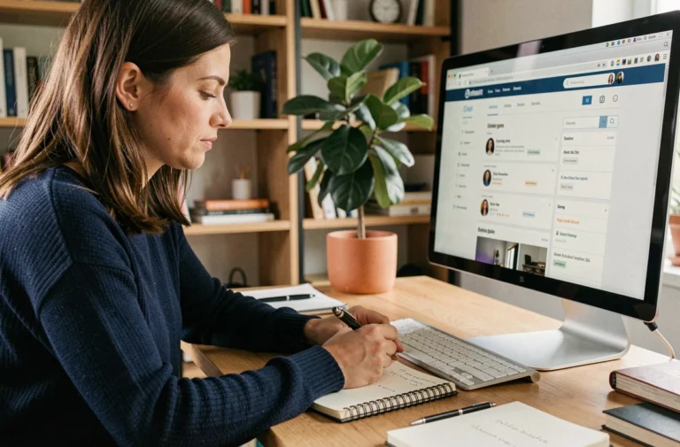 Femme consultant un index de site web sur un grand écran d'ordinateur dans un bureau à domicile bien organisé