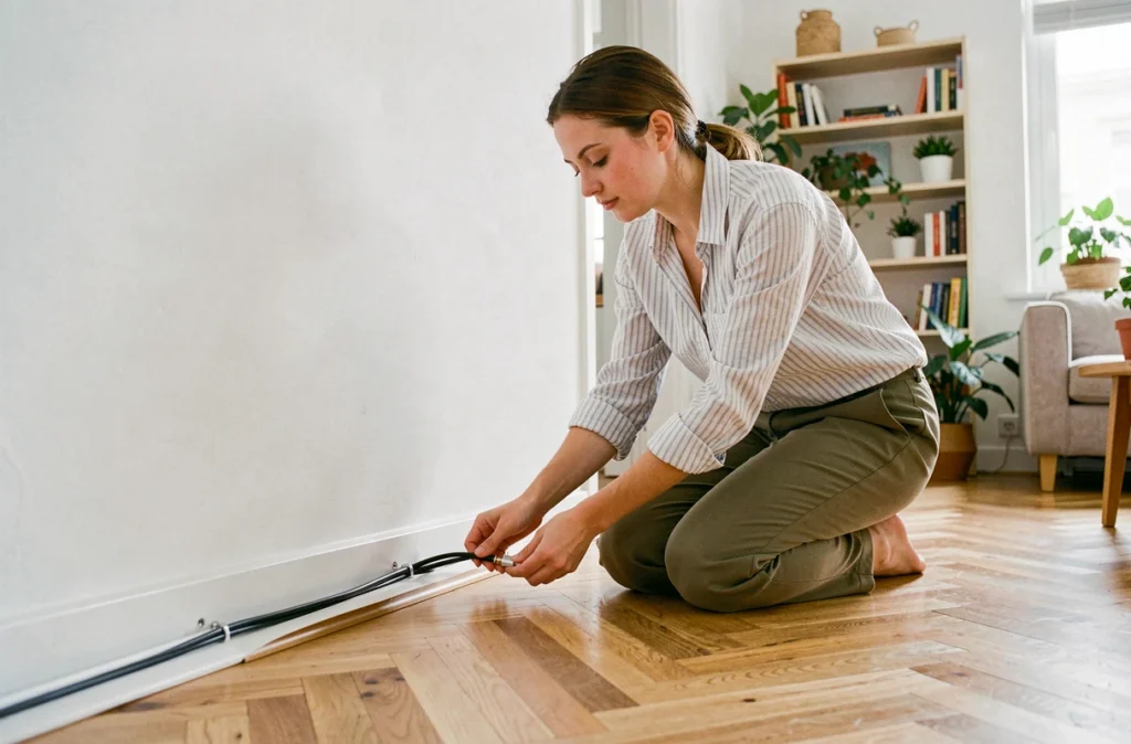 Femme locataire gérant les câbles TV avec une goulotte autocollante le long de la plinthe dans un appartement