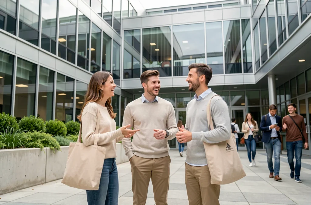Groupe d'étudiants en bachelor devant un campus de grande école au design contemporain, discutant après les cours