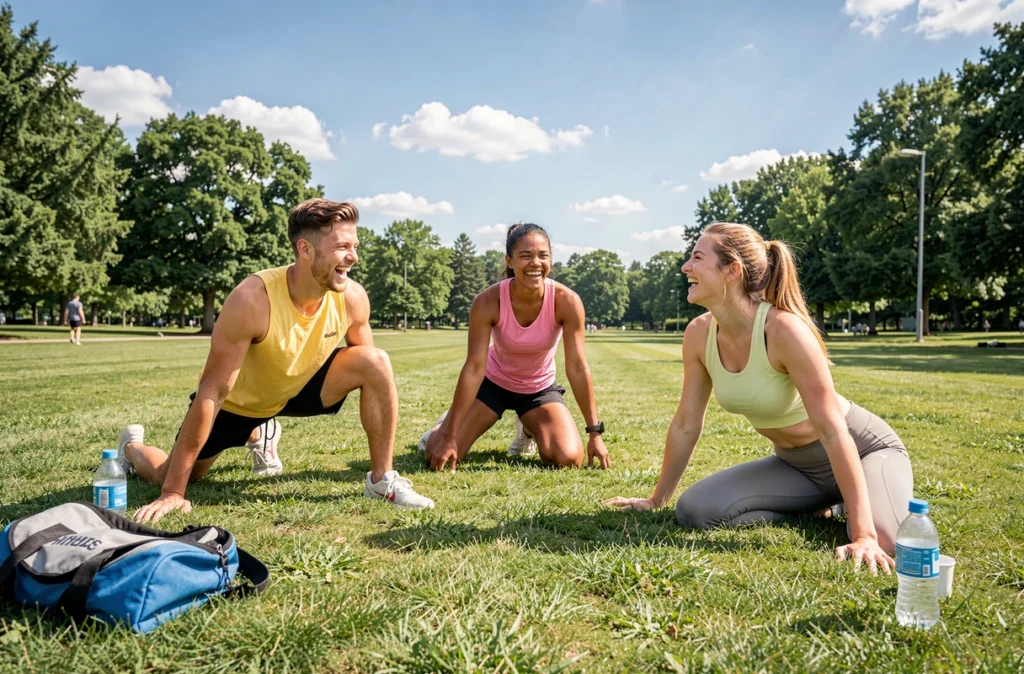 Groupe de jeunes adultes en tenue de sport faisant des étirements ensemble dans un parc verdoyant