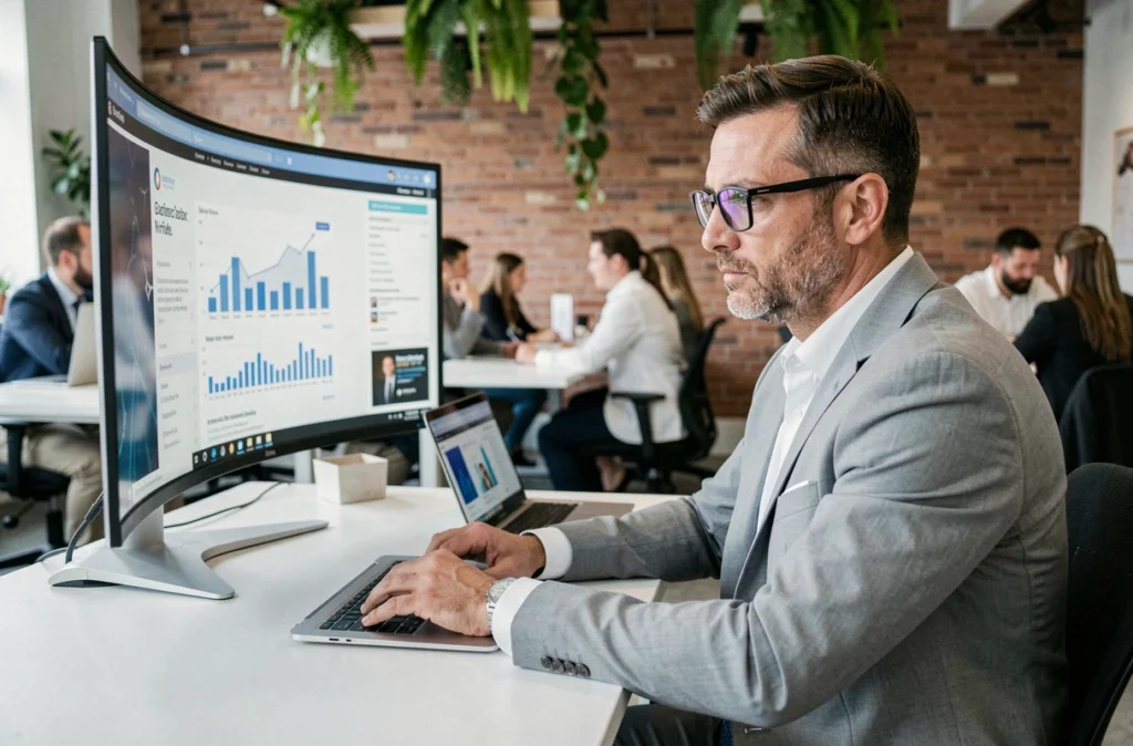 Homme d'affaires consultant les tendances économiques actuelles sur un écran dans un espace de co-working contemporain