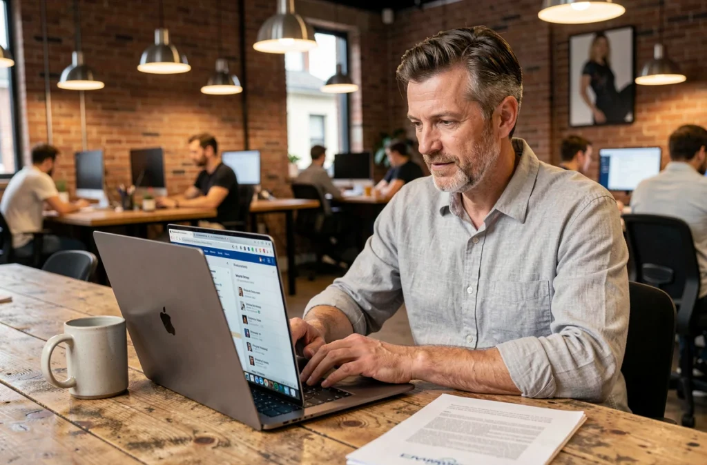 Homme d'affaires naviguant dans un index web structuré sur son ordinateur portable dans un espace de coworking moderne