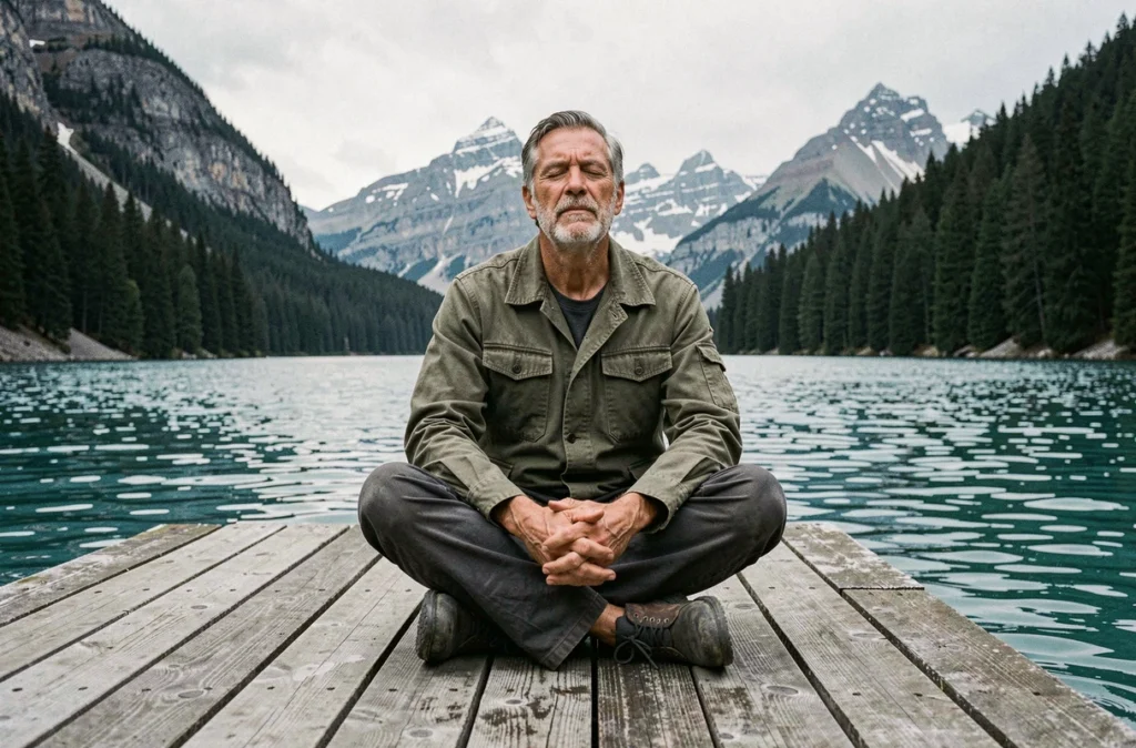 Homme assis sur un ponton en bois face à un lac turquoise entouré de montagnes enneigées et de forêts de pins