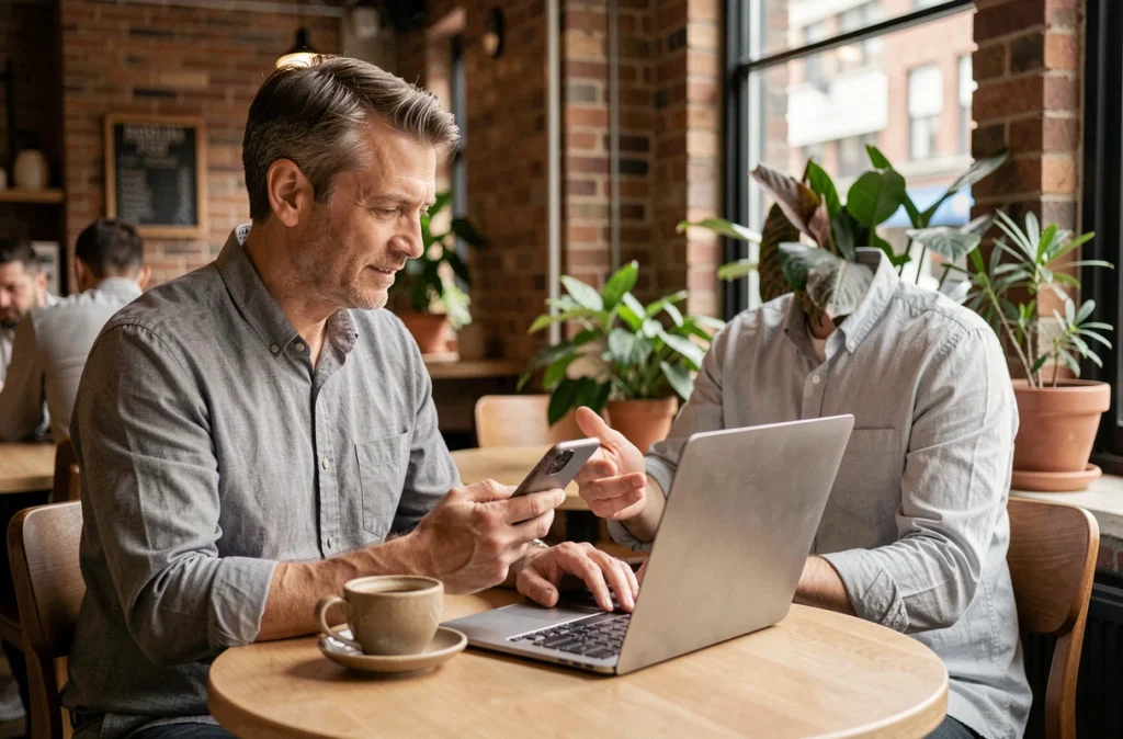 Homme d'affaires consultant son CRM et préparant une relance client par SMS dans un café