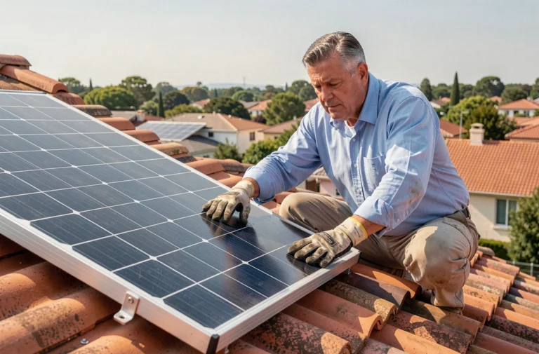Technicien installant des panneaux solaires sur le toit d'une maison résidentielle