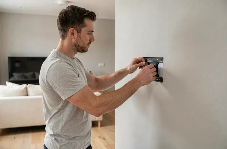 Locataire installant un support TV mural auto-adhésif sans percer le mur dans un appartement moderne