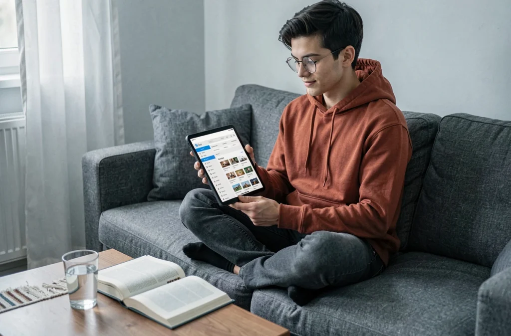 Jeune adulte consultant un index web détaillé sur une tablette depuis son canapé dans un appartement contemporain