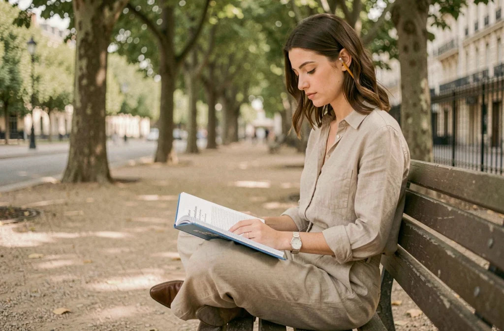 Jeune femme révisant la grammaire française avec un manuel dans un parc urbain