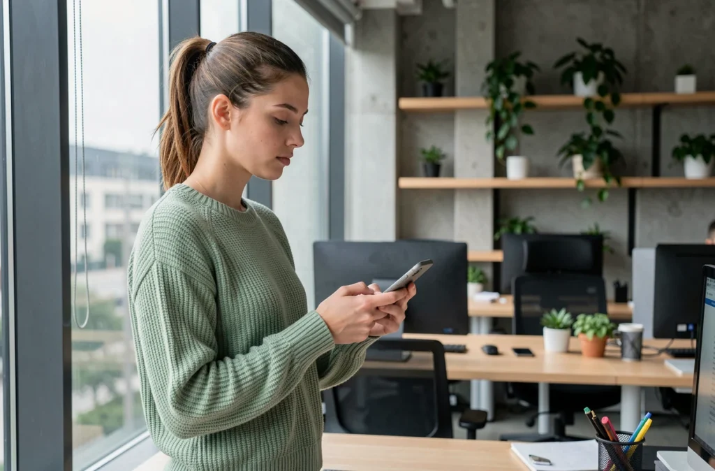 Jeune professionnelle du marketing relisant un SMS de relance client dans un espace de coworking moderne