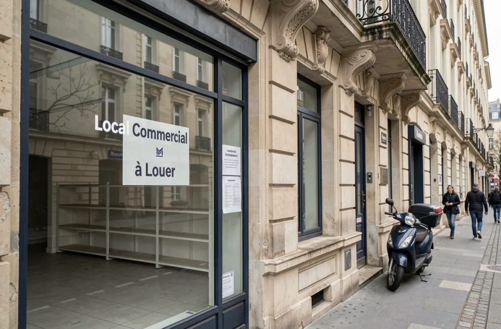 Devanture d'un local commercial à louer dans une rue parisienne