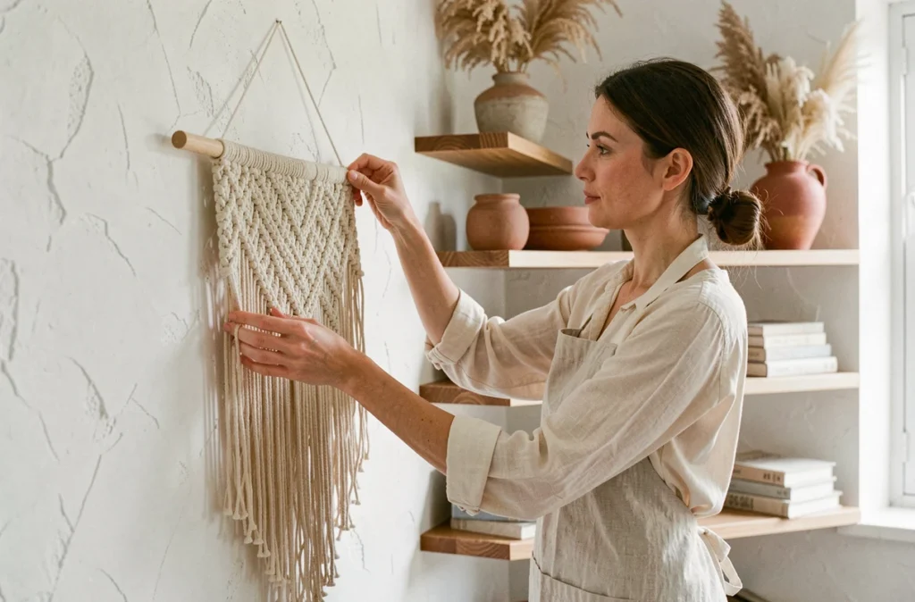 Femme accrochant un macramé fait-main sur un mur blanc dans un salon scandinave aux accents naturels
