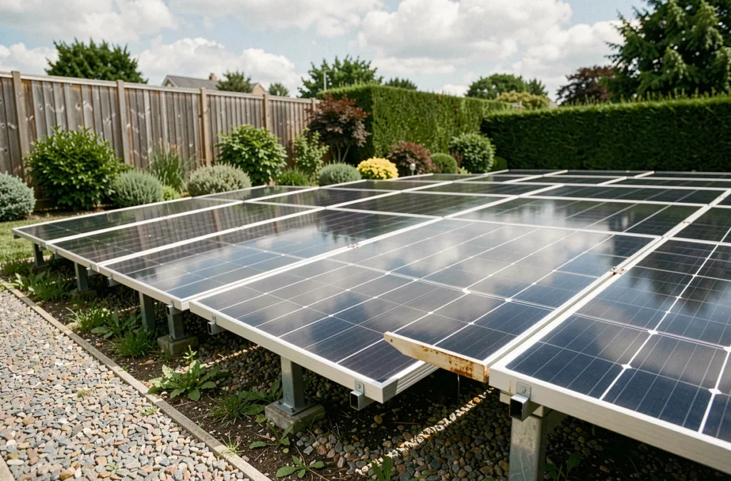 Rangées de panneaux solaires photovoltaïques installés dans un jardin résidentiel