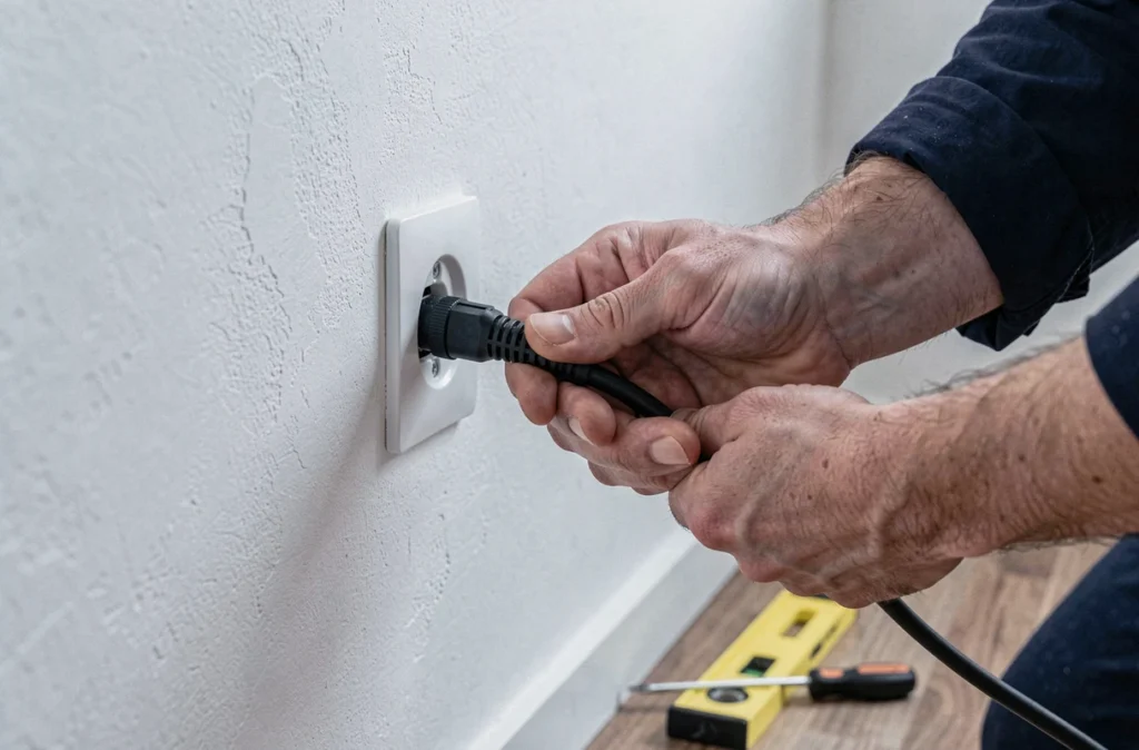 Gros plan sur le raccordement d'une prise TV murale en saillie sans perçage sur un mur de location
