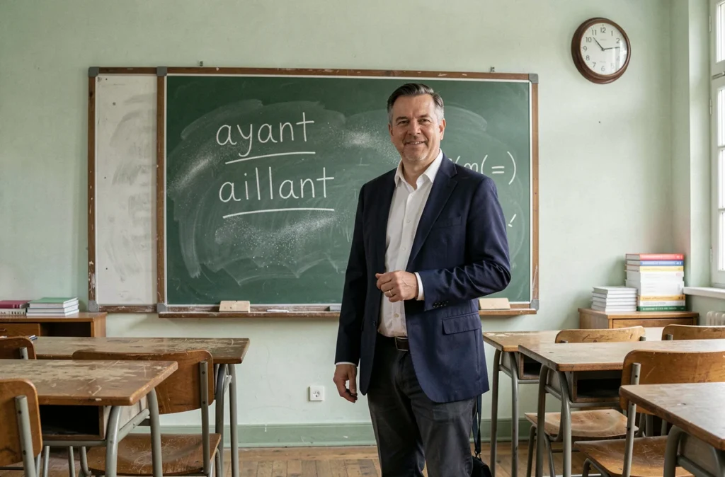 Professeur de français devant un tableau avec les mots ayant et aillant écrits à la craie