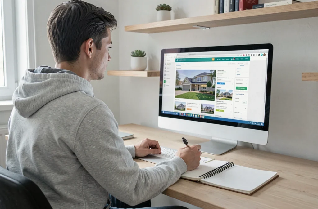 Jeune homme recherchant des annonces immobilières en ligne depuis son bureau à domicile