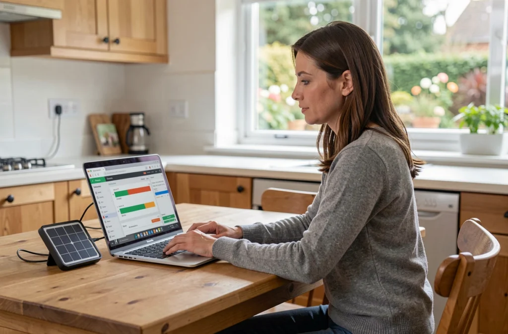 Femme consultant les données de consommation d'énergie solaire sur son ordinateur portable à la maison