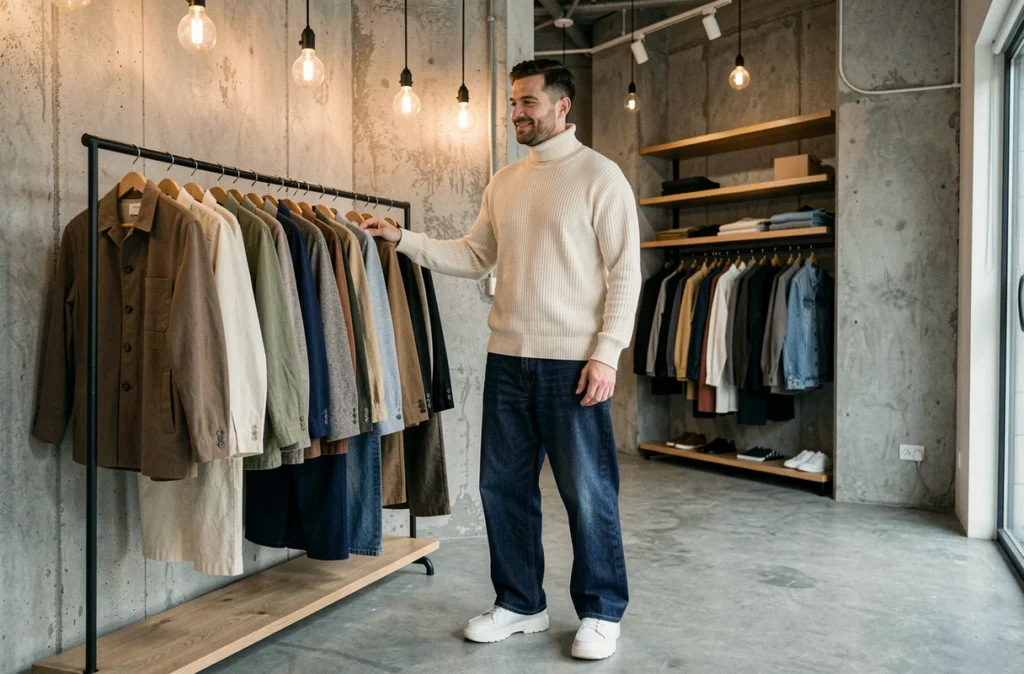 Jeune homme en jean indigo large et pull col roulé crème explorant une boutique concept store moderne, tendance mode urbaine