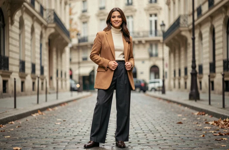 Femme élégante en blazer camel et pantalon large gris anthracite dans une rue pavée parisienne, style mode urbain automne