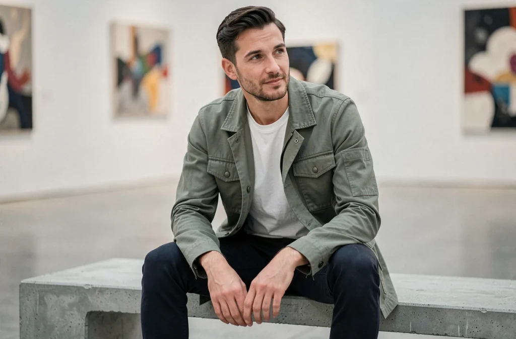 Homme en veste utilitaire vert sauge et pantalon marine assis dans une galerie d'art contemporaine, tendance mode masculine minimaliste
