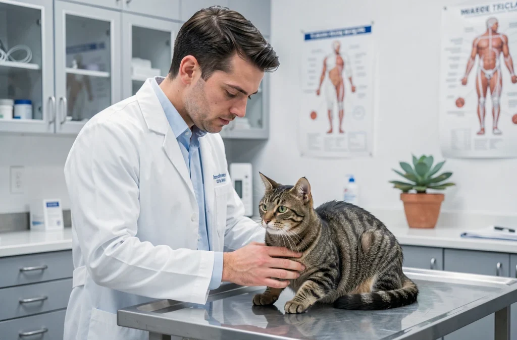 Vétérinaire examinant un chat tigré sur une table d'examen dans une clinique vétérinaire moderne