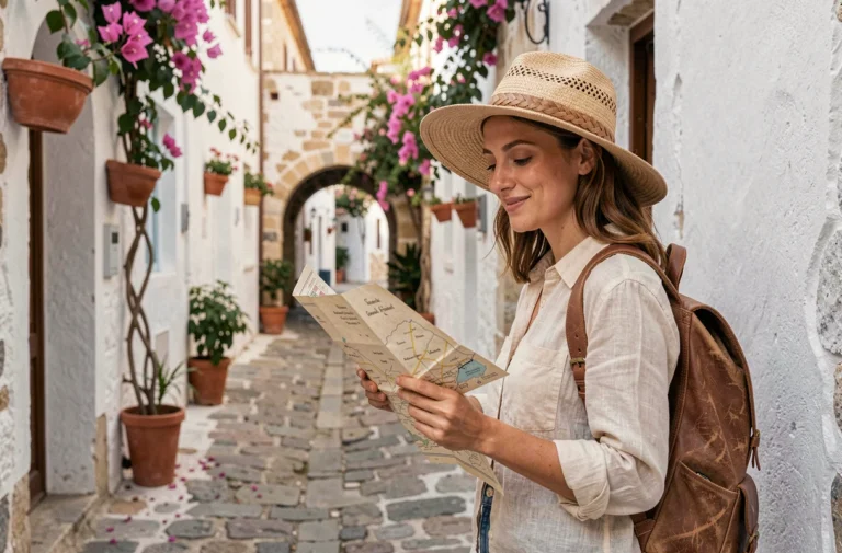 Femme voyageuse consultant une carte dans une ruelle pavée d'un village méditerranéen aux murs blancs